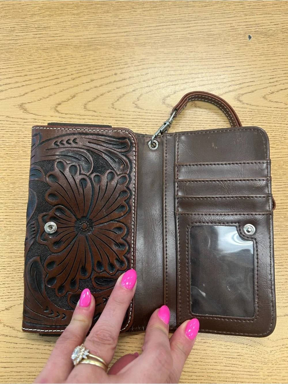 Angel Ranch Brown Tooled Leather smartphone wallet with Turquoise Accent -